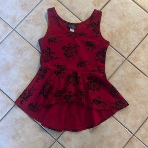 Deep Red Peplum High Low Say Anything tank top w/ Black Floral Flocking sz M